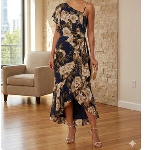 Betsy & Adam Black and Gold Floral One-Shoulder Dress